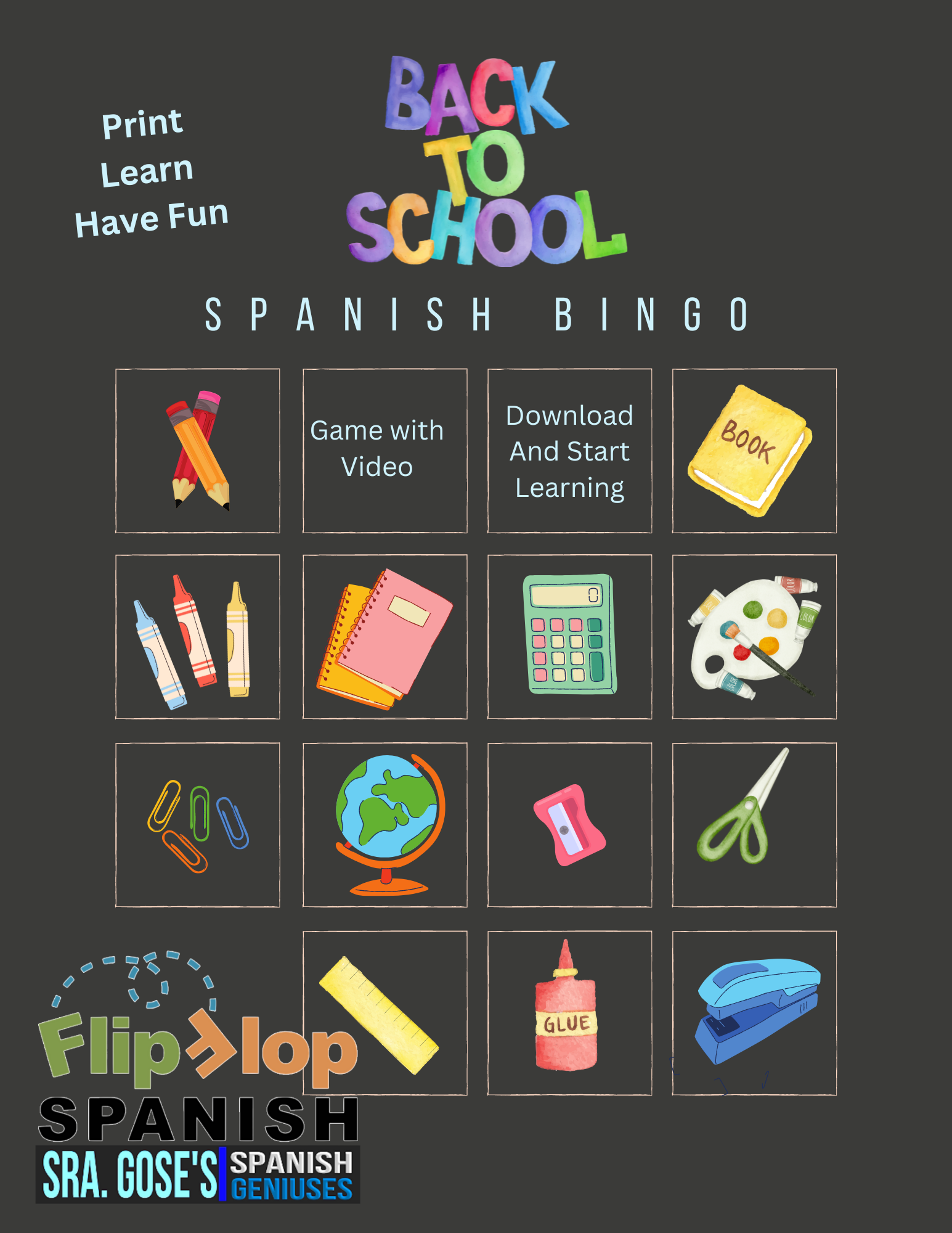 Flip Flop Spanish Bingo Back to School Edition