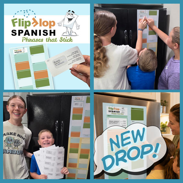 A four-panel collage showing the Flip Flop Spanish 'Phrases that Stick' refrigerator magnet set in use by children and adults in a kitchen, alongside close-ups of the product packaging and a 'NEW DROP!' speech bubble graphic.
